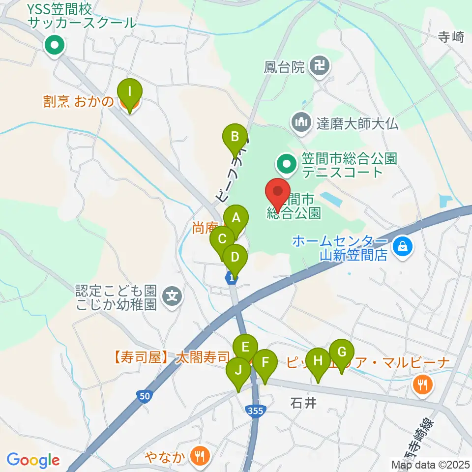 笠間市民球場周辺のファミレス・ファーストフード一覧地図