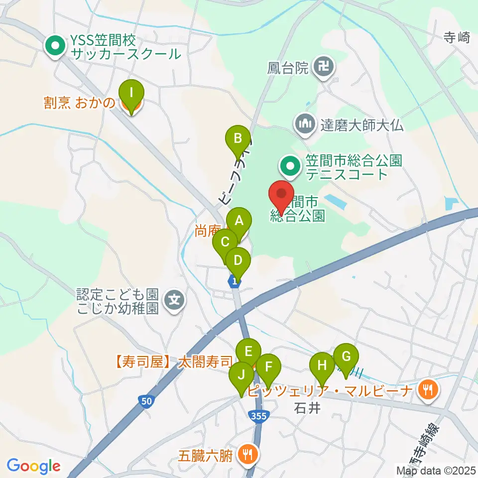 笠間市民球場周辺のファミレス・ファーストフード一覧地図