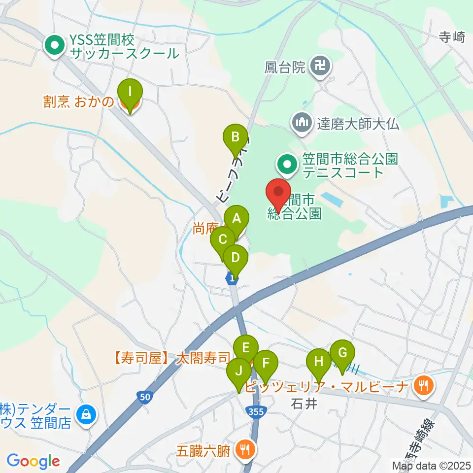 笠間市民球場周辺のファミレス・ファーストフード一覧地図