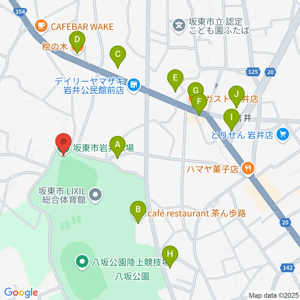 坂東市岩井球場周辺のファミレス・ファーストフード一覧地図