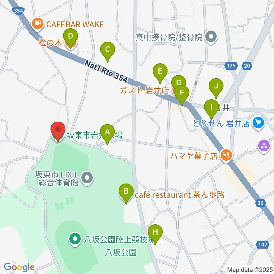 坂東市岩井球場周辺のファミレス・ファーストフード一覧地図
