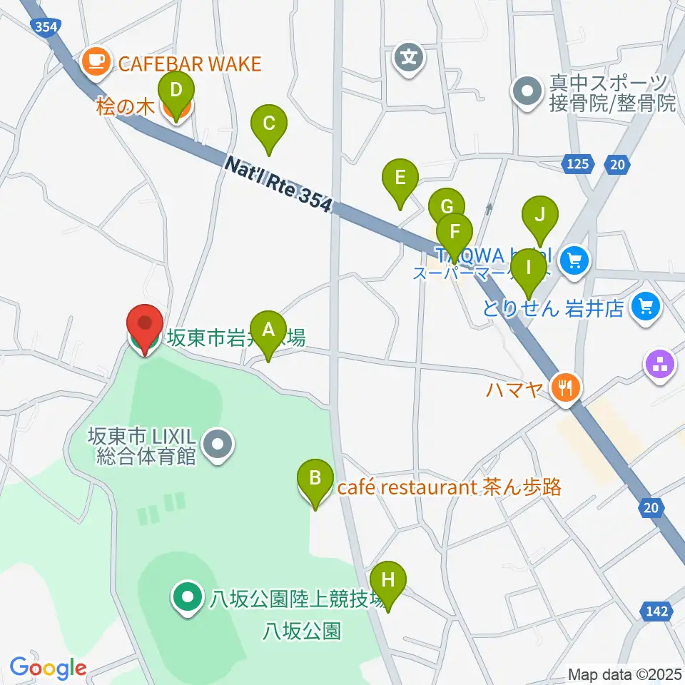 坂東市岩井球場周辺のファミレス・ファーストフード一覧地図