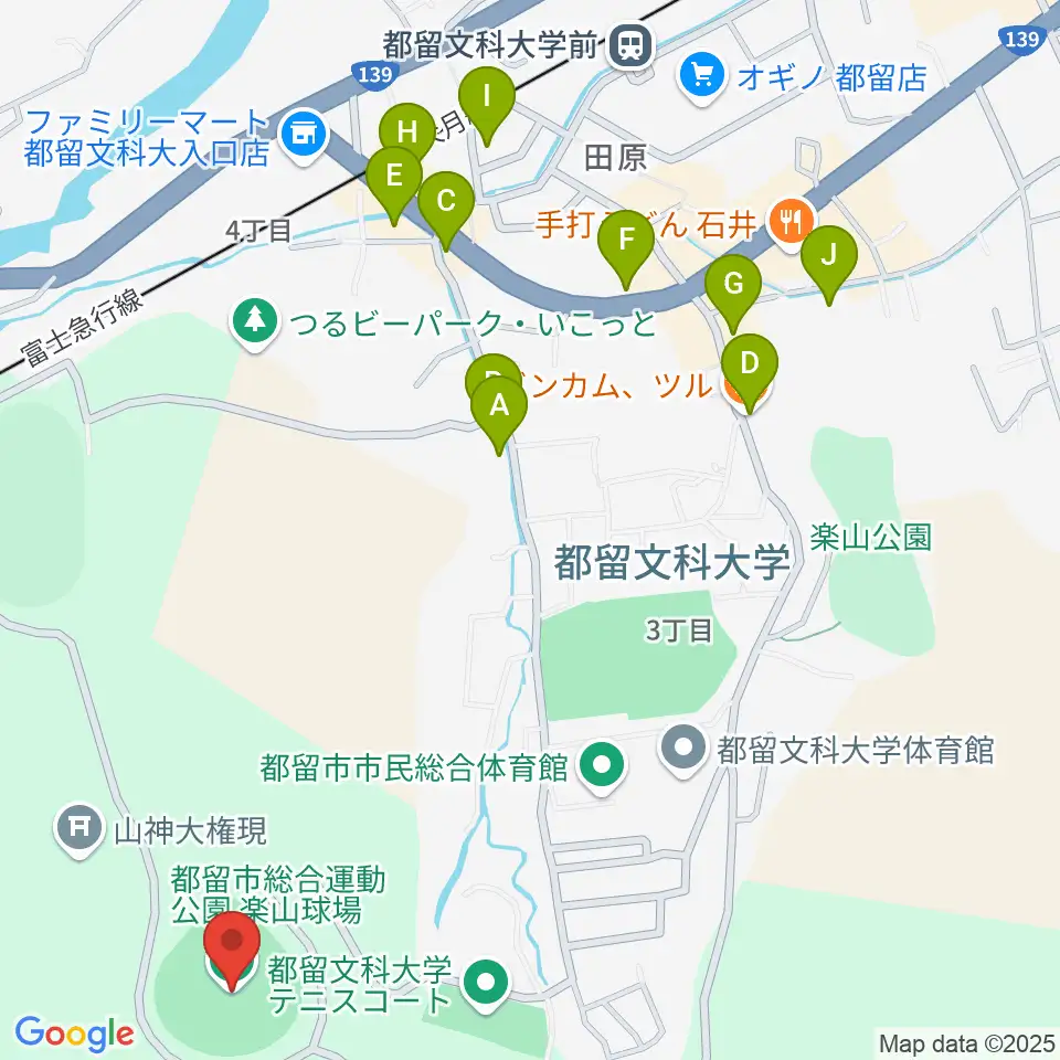 都留市総合運動公園楽山球場周辺のファミレス・ファーストフード一覧地図