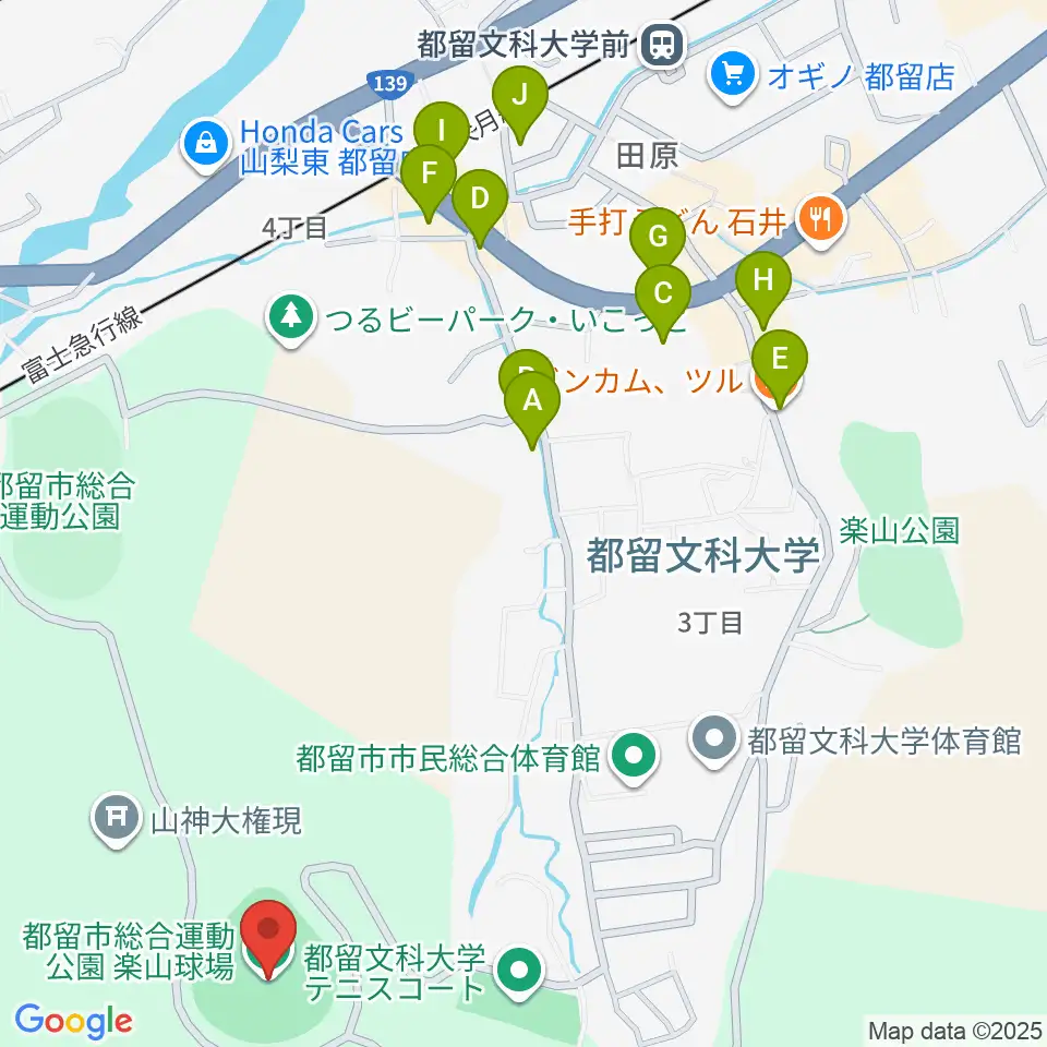 都留市総合運動公園楽山球場周辺のファミレス・ファーストフード一覧地図