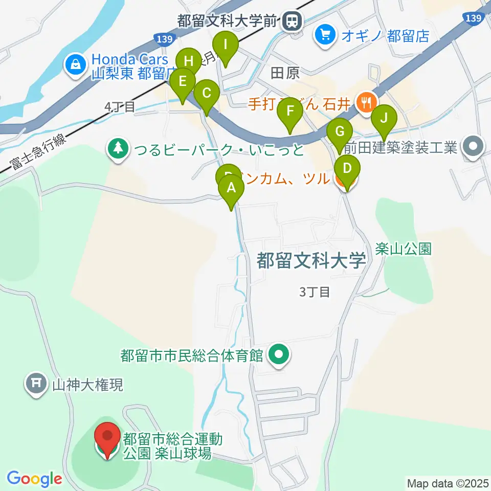 都留市総合運動公園楽山球場周辺のファミレス・ファーストフード一覧地図