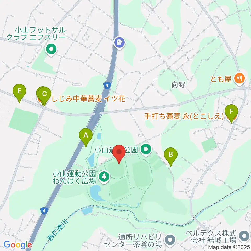 小山運動公園野球場周辺のファミレス・ファーストフード一覧地図