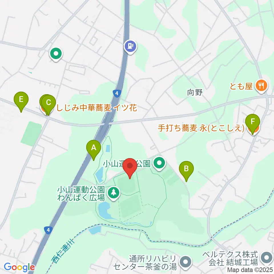 小山運動公園野球場周辺のファミレス・ファーストフード一覧地図