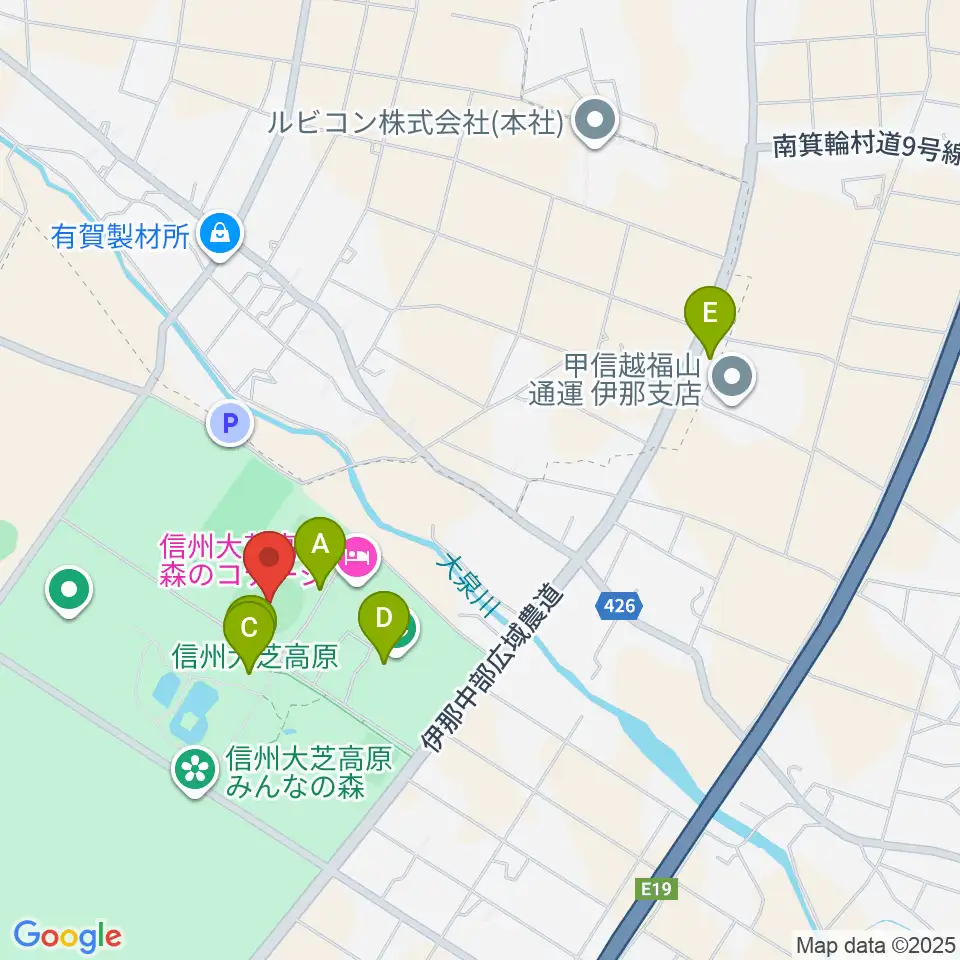 南箕輪村大芝公園野球場周辺のファミレス・ファーストフード一覧地図