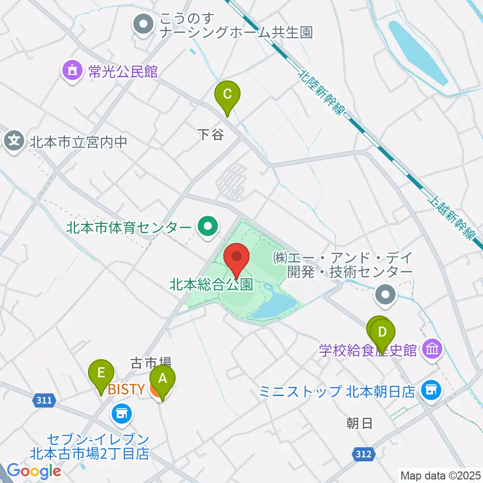 北本総合公園野球場周辺のファミレス・ファーストフード一覧地図