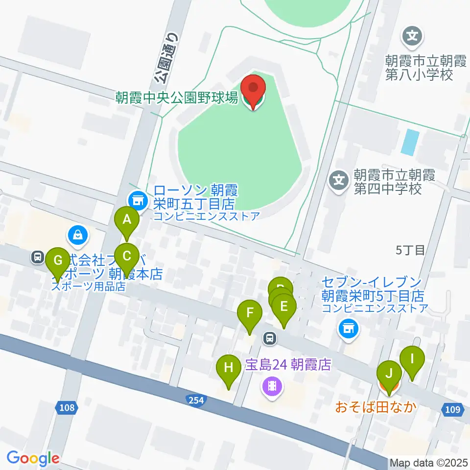 朝霞中央公園野球場周辺のファミレス・ファーストフード一覧地図