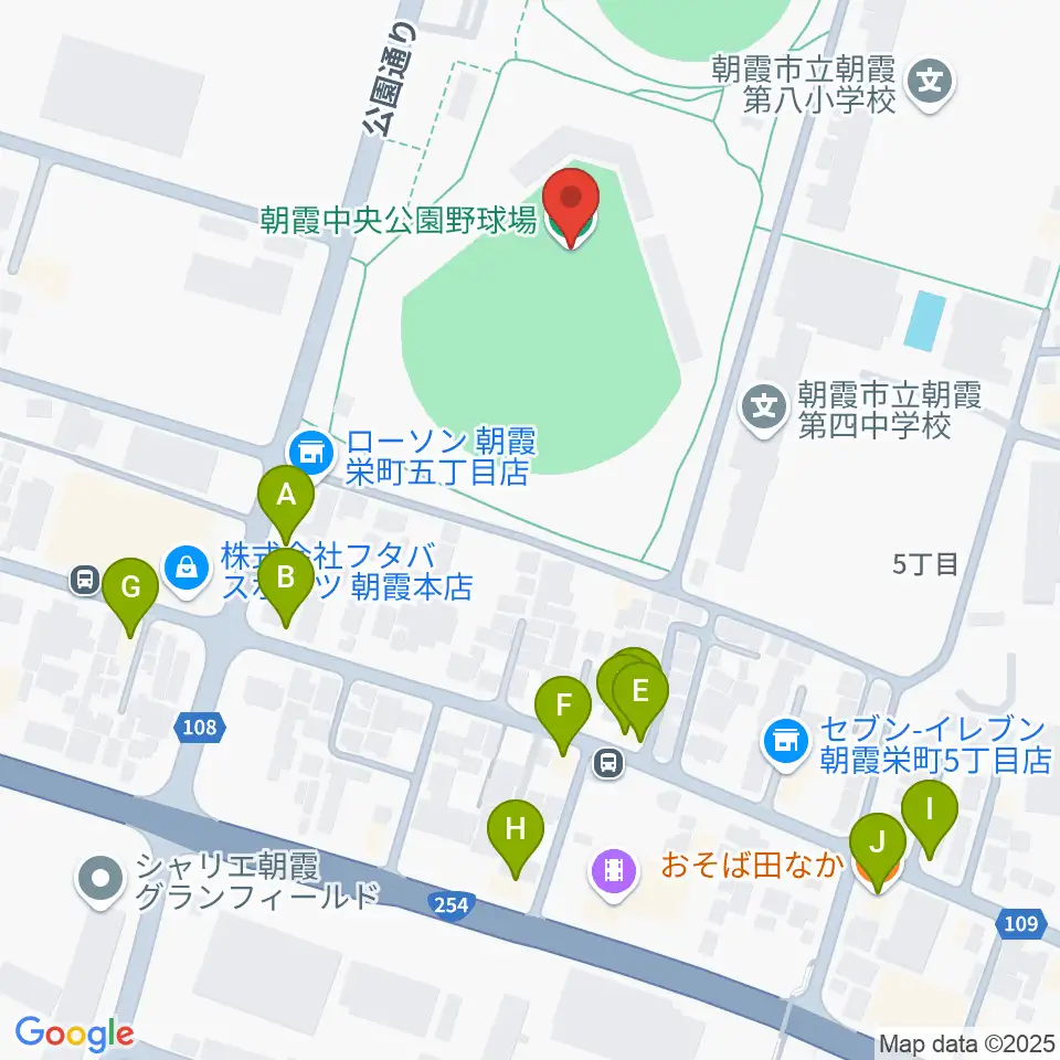 朝霞中央公園野球場周辺のファミレス・ファーストフード一覧地図