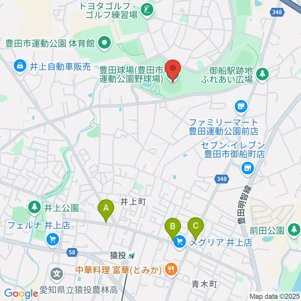 豊田市運動公園野球場周辺のファミレス・ファーストフード一覧地図