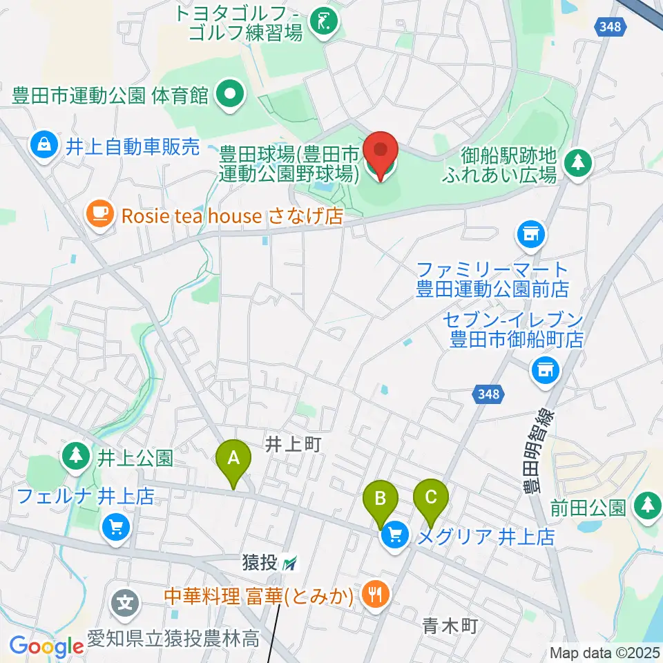 豊田市運動公園野球場周辺のファミレス・ファーストフード一覧地図
