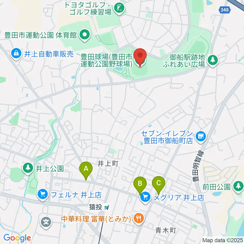 豊田市運動公園野球場周辺のファミレス・ファーストフード一覧地図