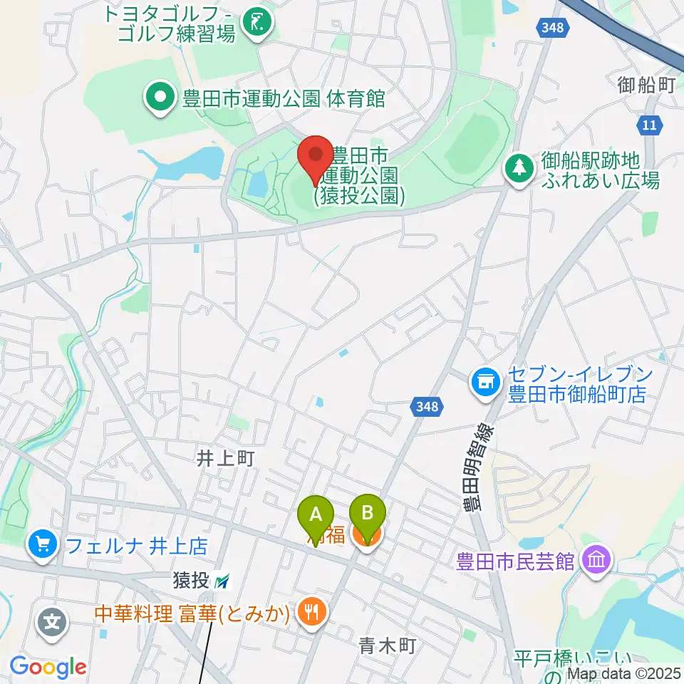 豊田市運動公園野球場周辺のファミレス・ファーストフード一覧地図