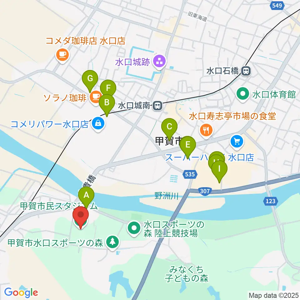 甲賀市民スタジアム周辺のファミレス・ファーストフード一覧地図