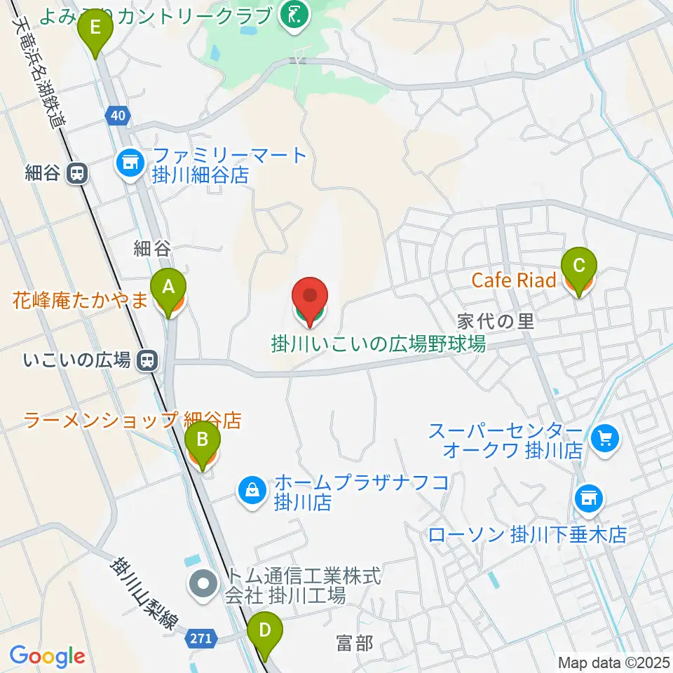 掛川市いこいの広場野球場周辺のファミレス・ファーストフード一覧地図