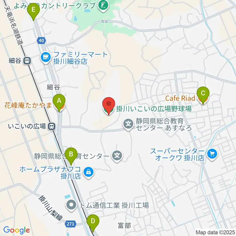 掛川市いこいの広場野球場周辺のファミレス・ファーストフード一覧地図