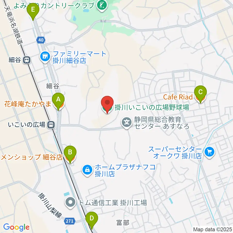 掛川市いこいの広場野球場周辺のファミレス・ファーストフード一覧地図