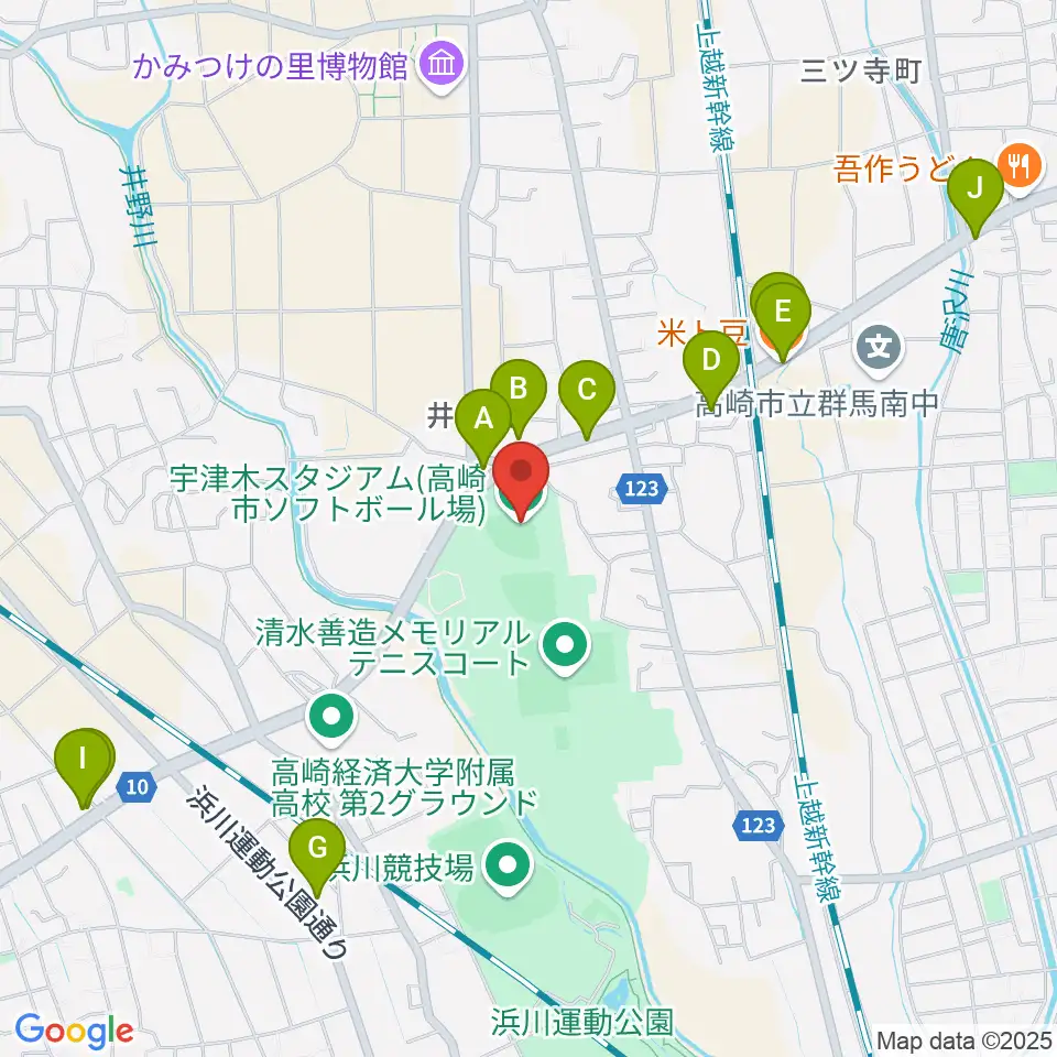 宇津木スタジアム周辺のファミレス・ファーストフード一覧地図
