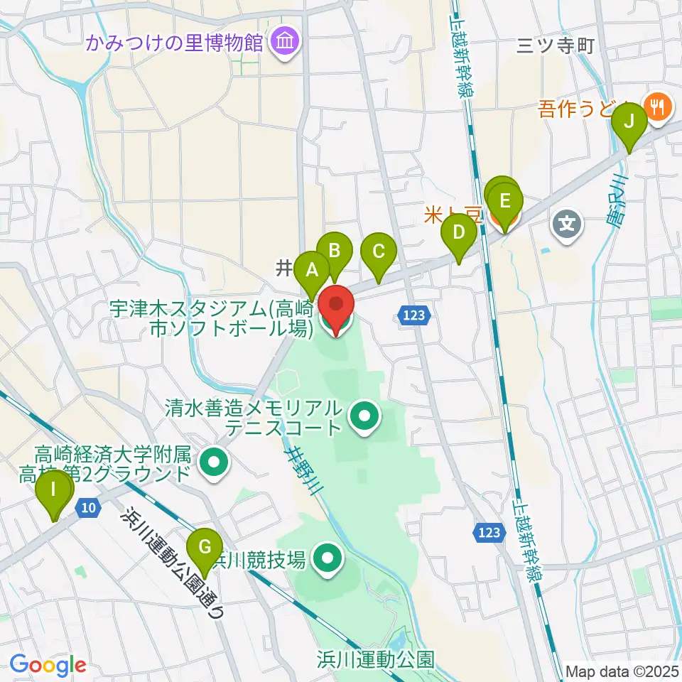 宇津木スタジアム周辺のファミレス・ファーストフード一覧地図