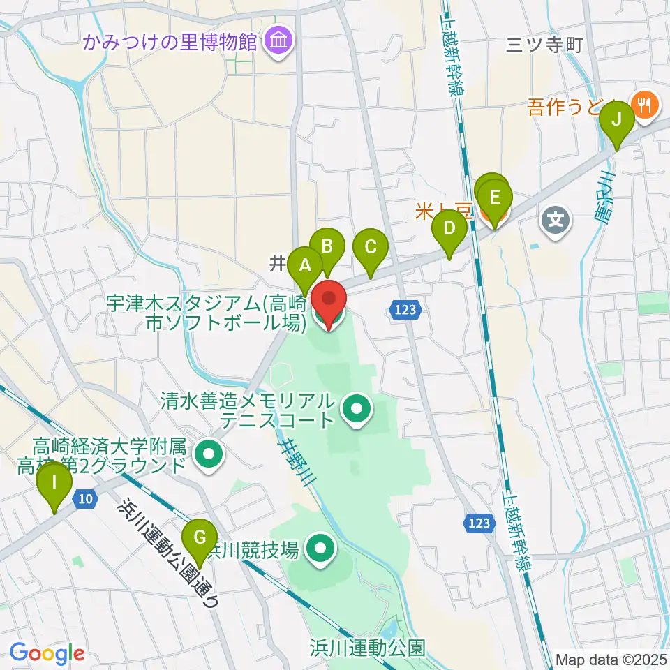 宇津木スタジアム周辺のファミレス・ファーストフード一覧地図