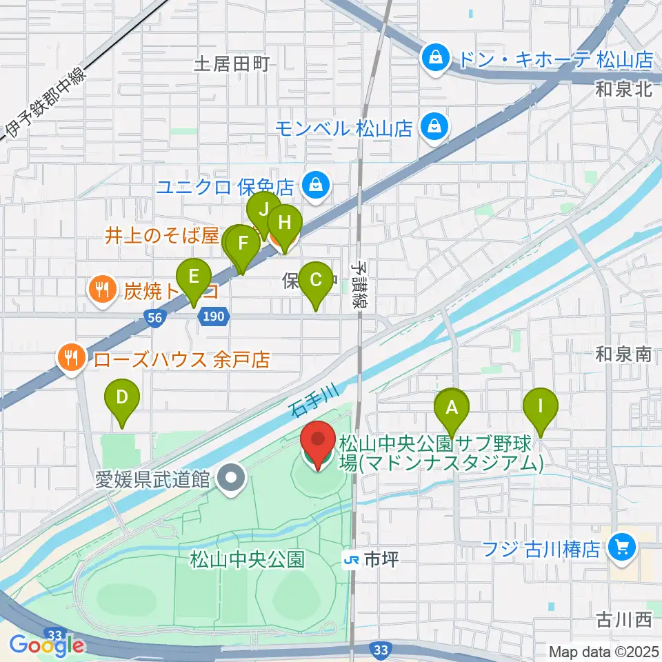 マドンナスタジアム周辺のファミレス・ファーストフード一覧地図