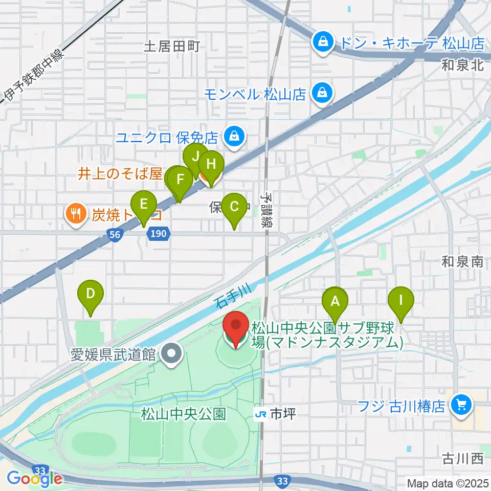 マドンナスタジアム周辺のファミレス・ファーストフード一覧地図