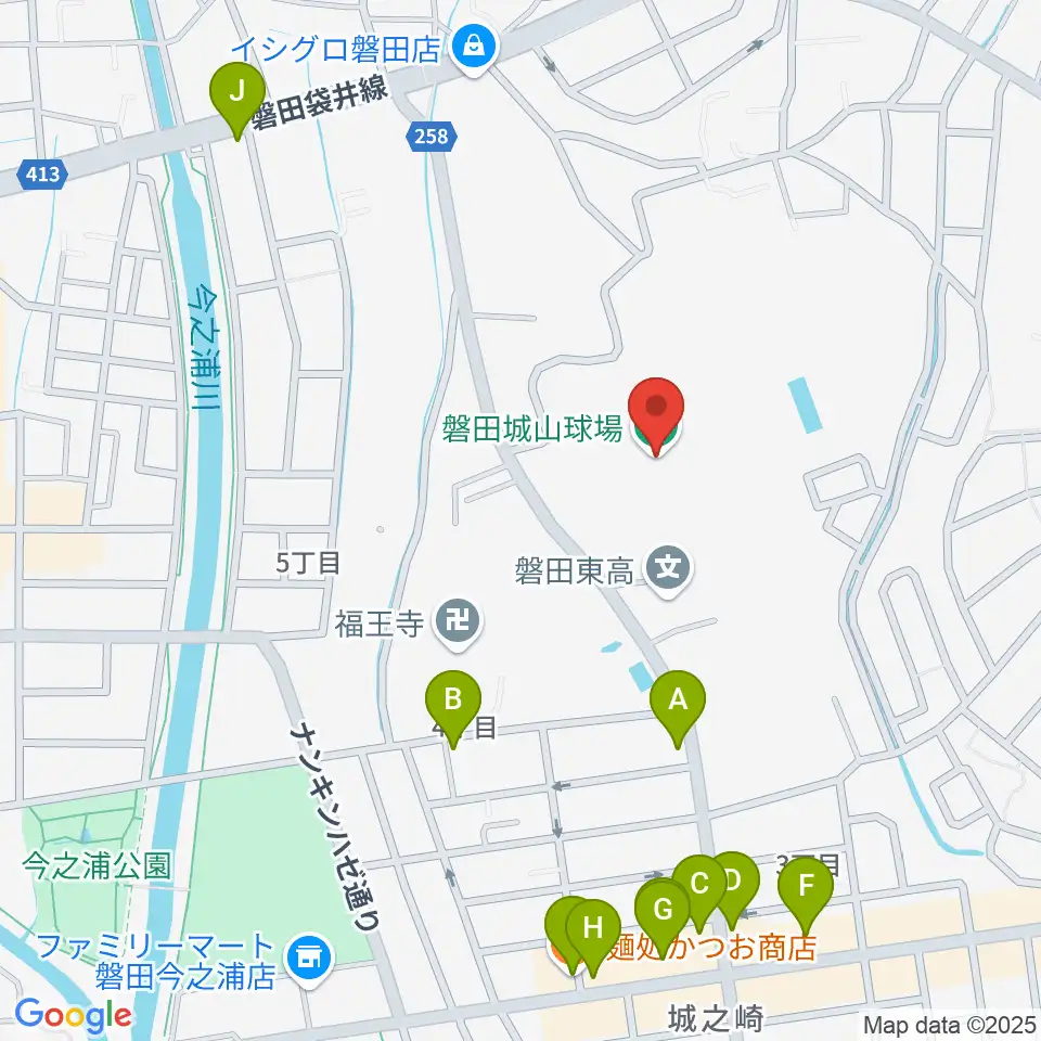 磐田城山球場周辺のファミレス・ファーストフード一覧地図