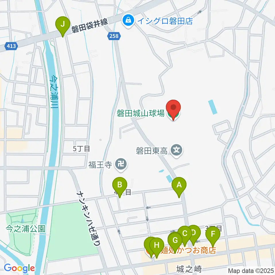 磐田城山球場周辺のファミレス・ファーストフード一覧地図
