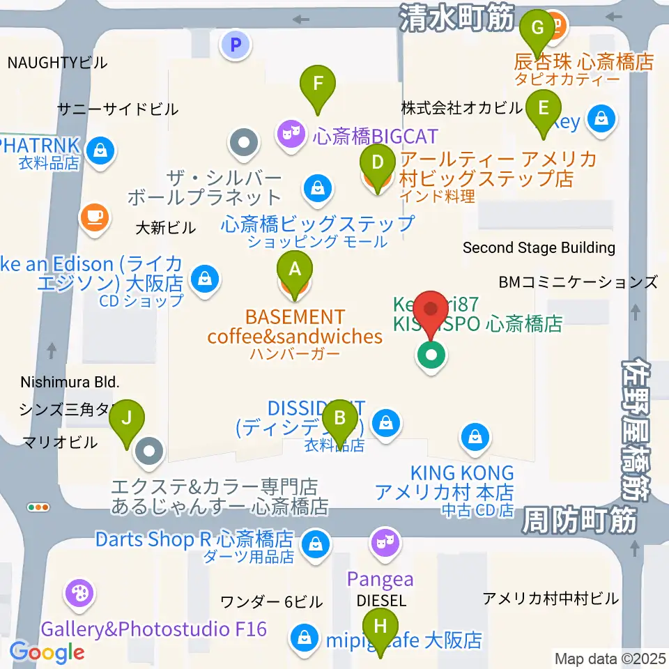キノシネマ心斎橋周辺のファミレス・ファーストフード一覧地図