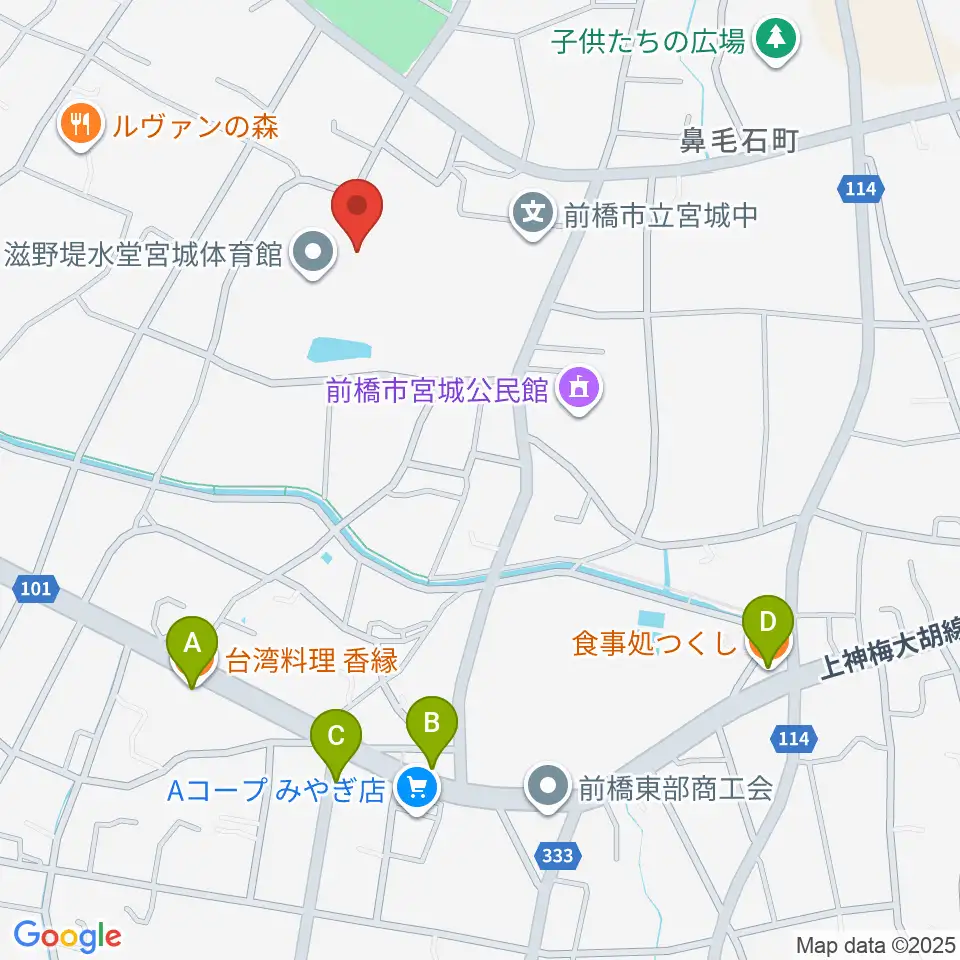 滋野堤水堂宮城体育館周辺のファミレス・ファーストフード一覧地図