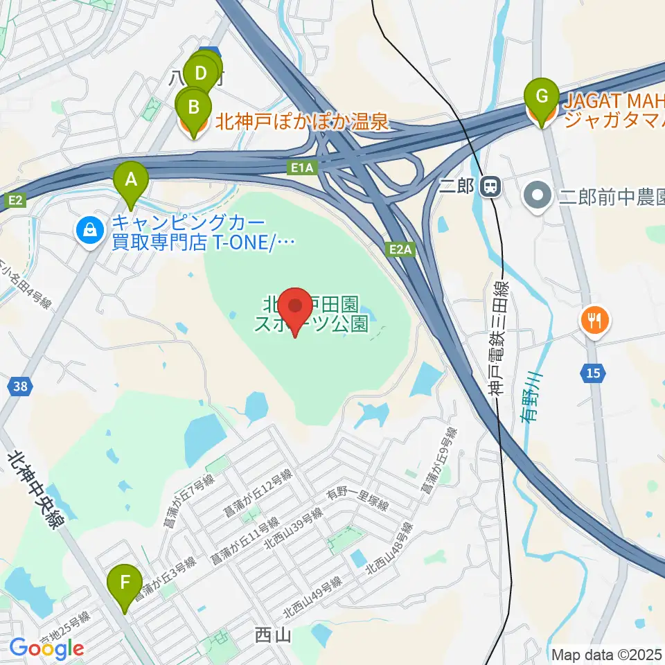 あじさいスタジアム北神戸周辺のファミレス・ファーストフード一覧地図