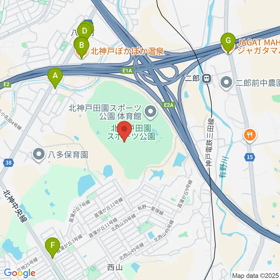 あじさいスタジアム北神戸周辺のファミレス・ファーストフード一覧地図