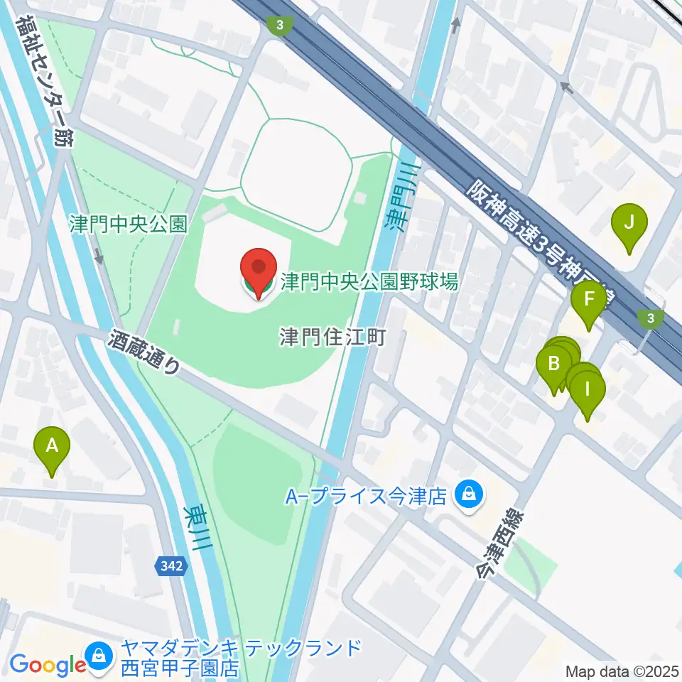 津門中央公園野球場周辺のファミレス・ファーストフード一覧地図