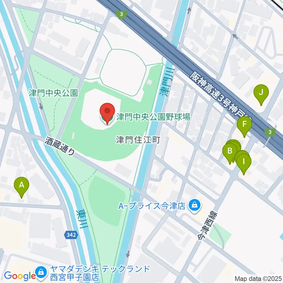津門中央公園野球場周辺のファミレス・ファーストフード一覧地図