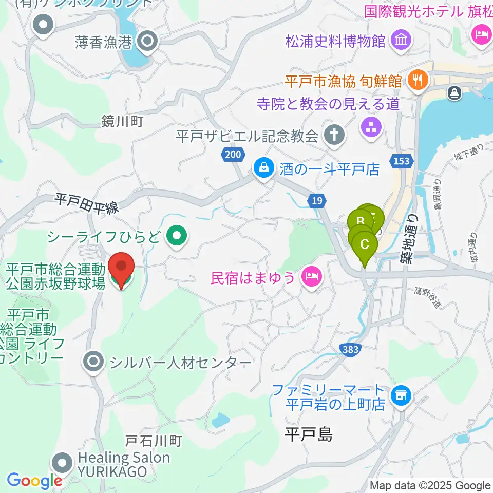 平戸市総合運動公園赤坂野球場周辺のファミレス・ファーストフード一覧地図