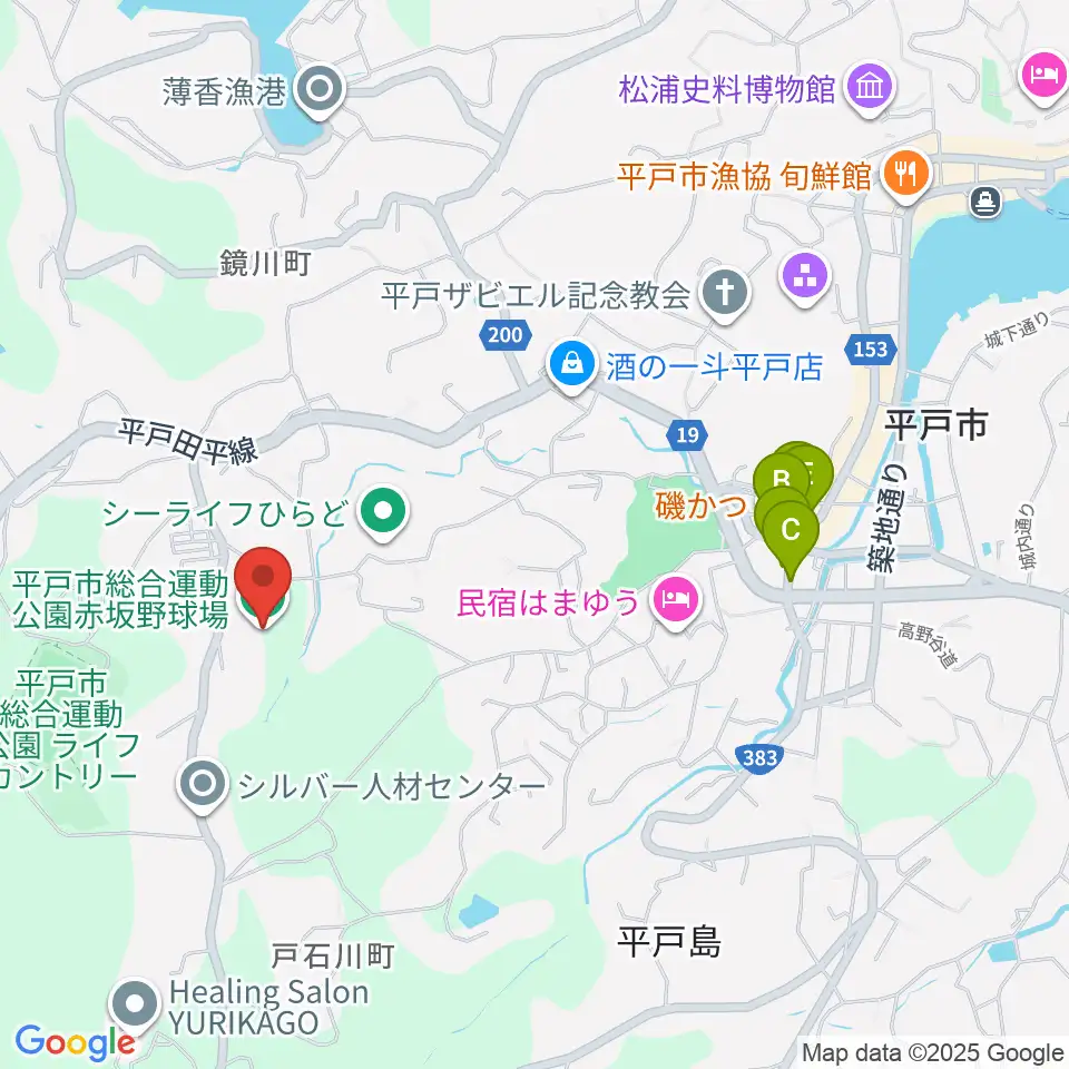 平戸市総合運動公園赤坂野球場周辺のファミレス・ファーストフード一覧地図