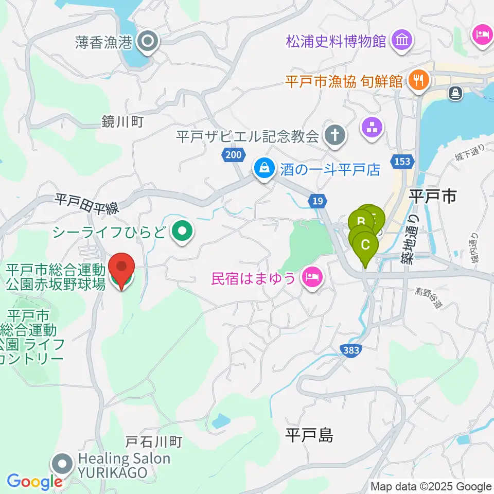 平戸市総合運動公園赤坂野球場周辺のファミレス・ファーストフード一覧地図