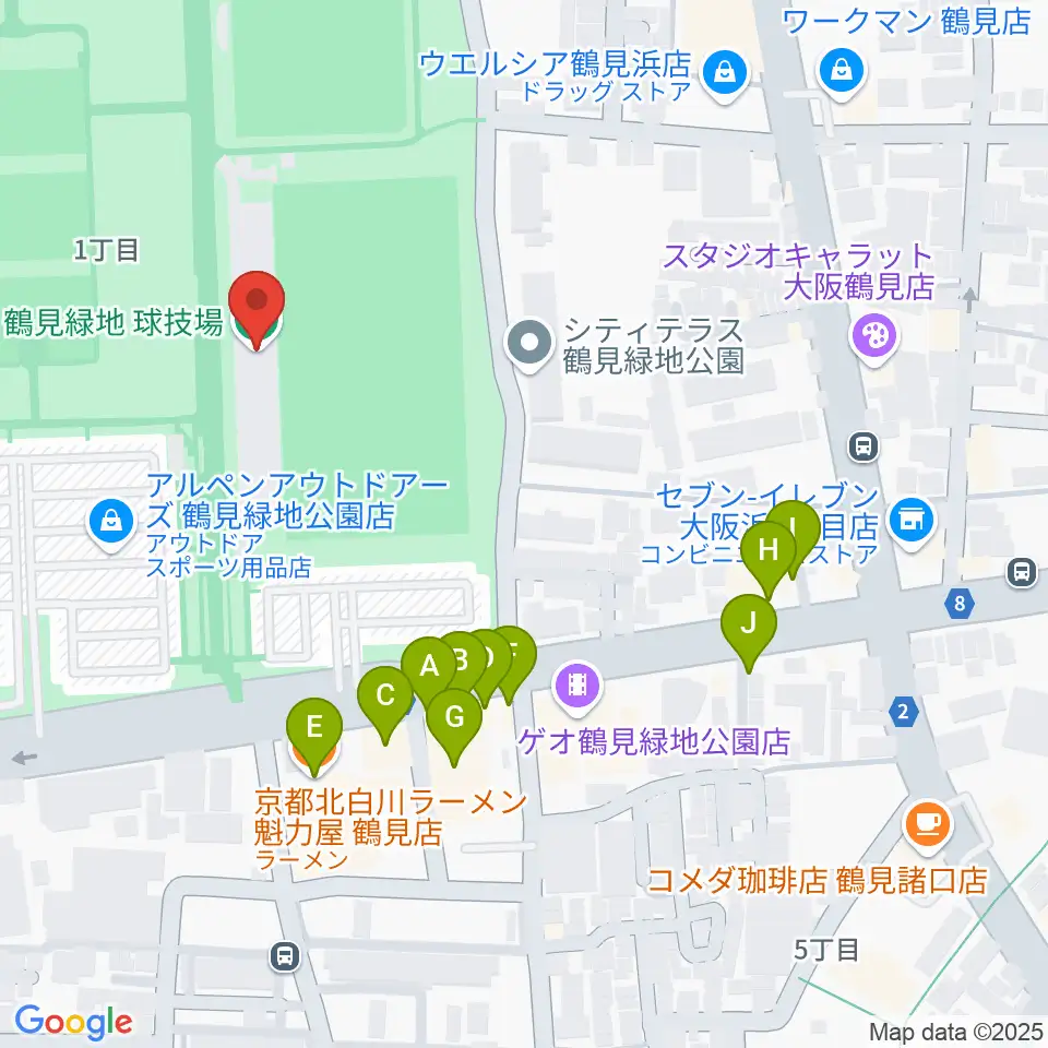 鶴見緑地球技場周辺のファミレス・ファーストフード一覧地図