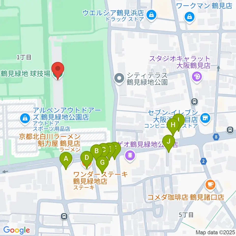 鶴見緑地球技場周辺のファミレス・ファーストフード一覧地図