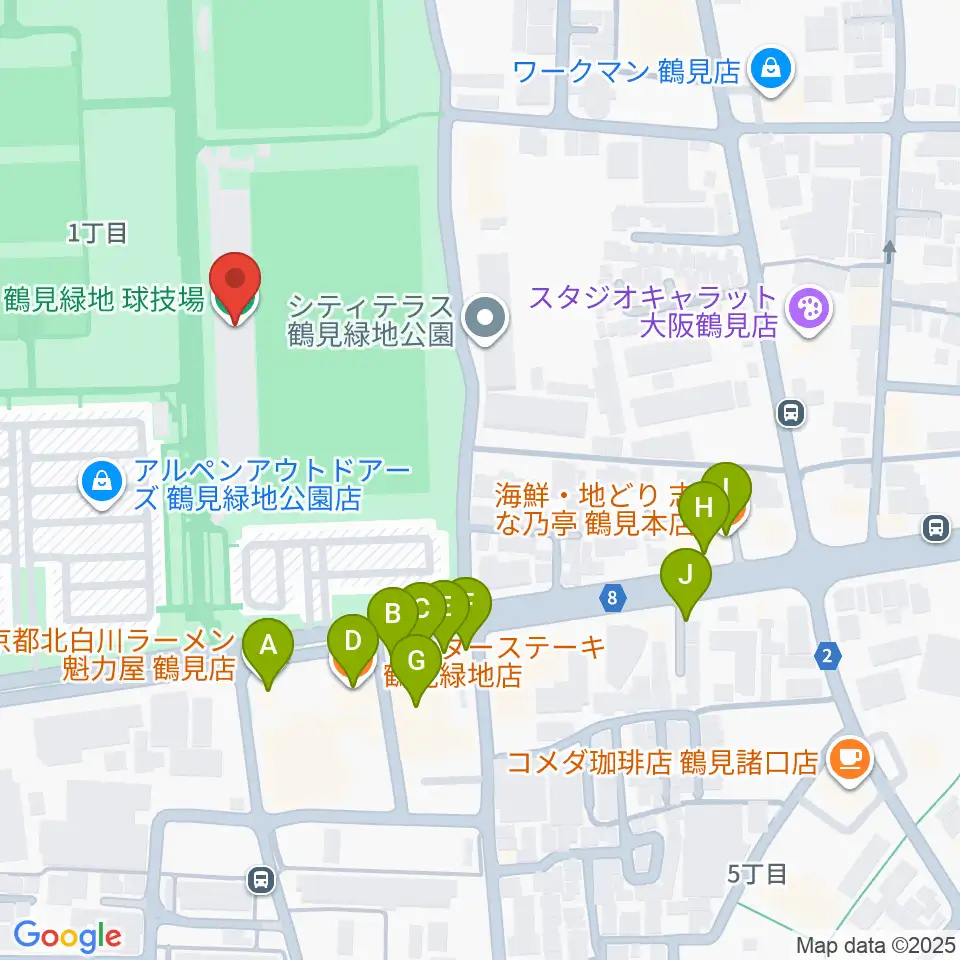 鶴見緑地球技場周辺のファミレス・ファーストフード一覧地図