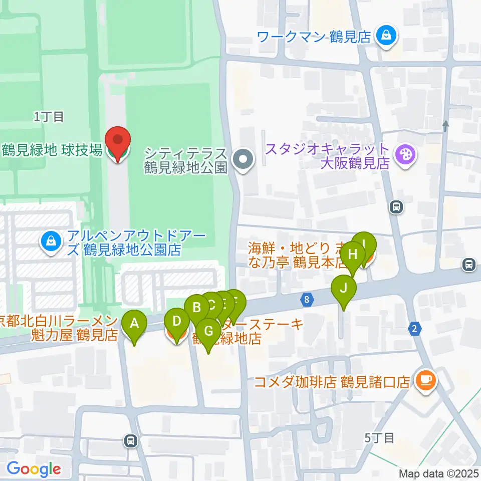 鶴見緑地球技場周辺のファミレス・ファーストフード一覧地図