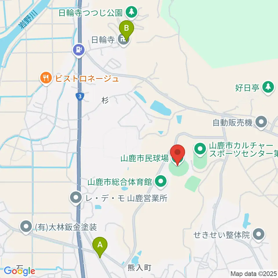 山鹿市民球場周辺のファミレス・ファーストフード一覧地図