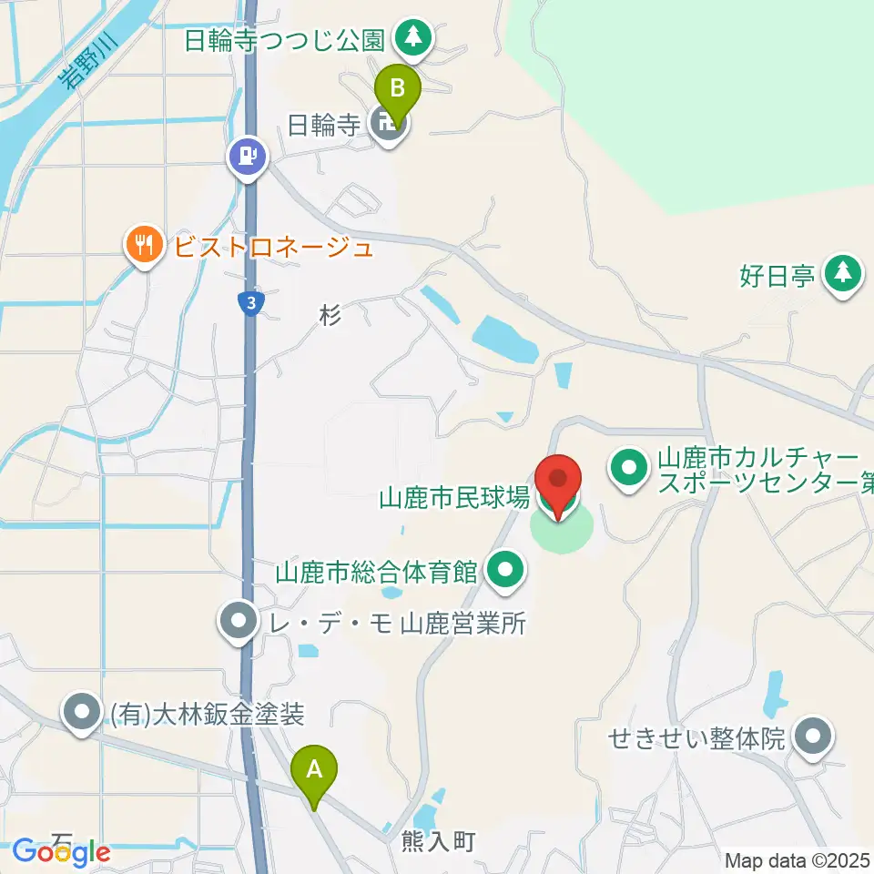 山鹿市民球場周辺のファミレス・ファーストフード一覧地図