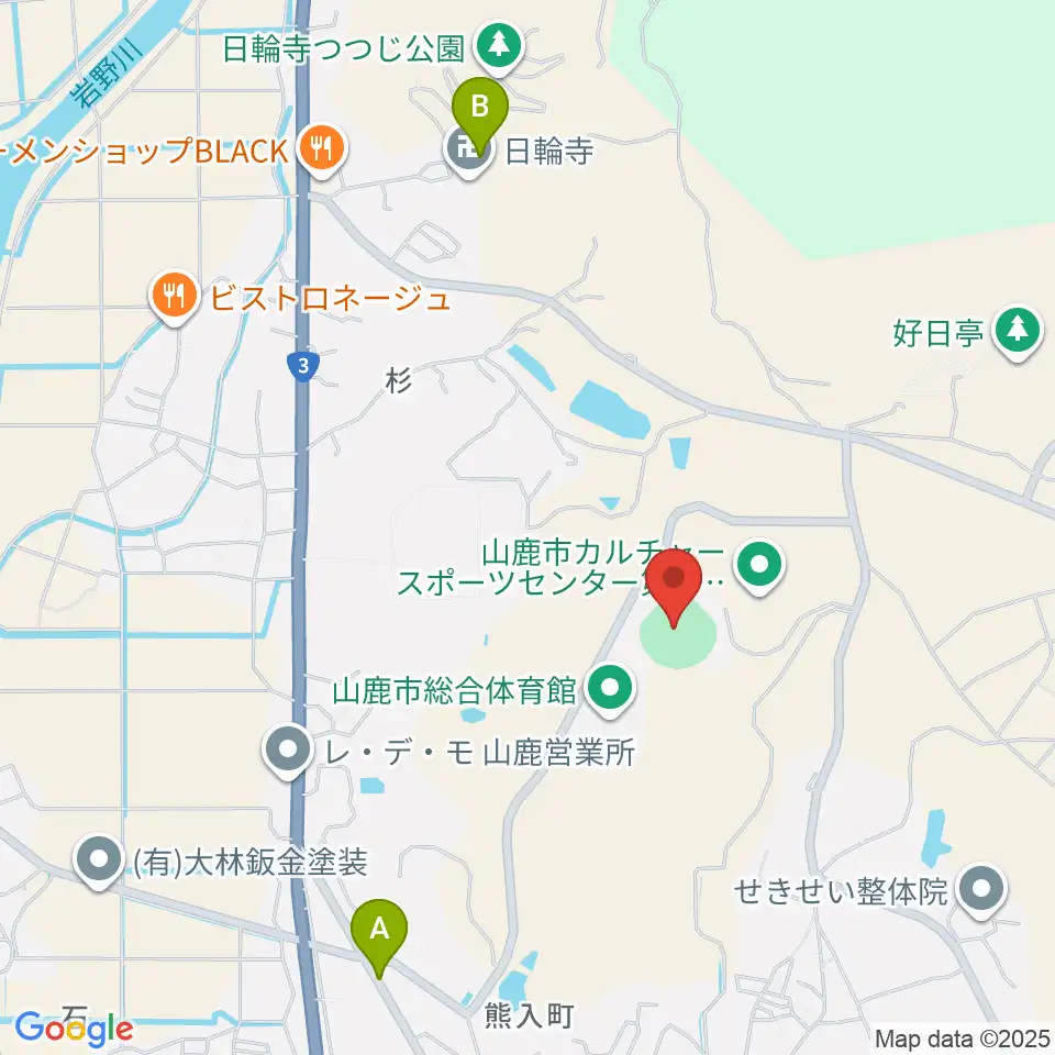 山鹿市民球場周辺のファミレス・ファーストフード一覧地図