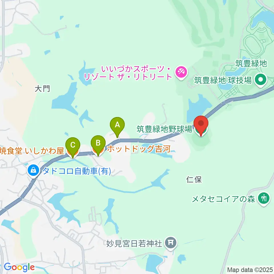 筑豊緑地野球場周辺のファミレス・ファーストフード一覧地図