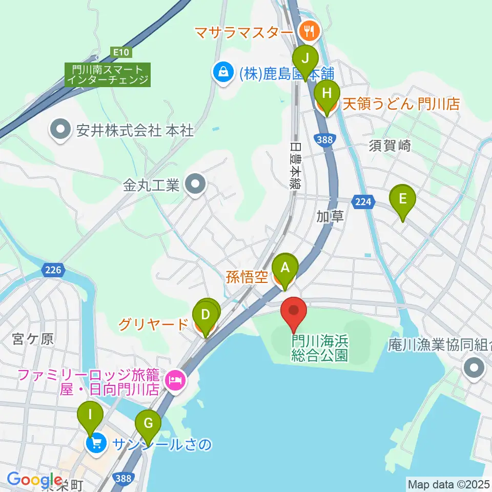 門川海浜総合公園野球場周辺のファミレス・ファーストフード一覧地図