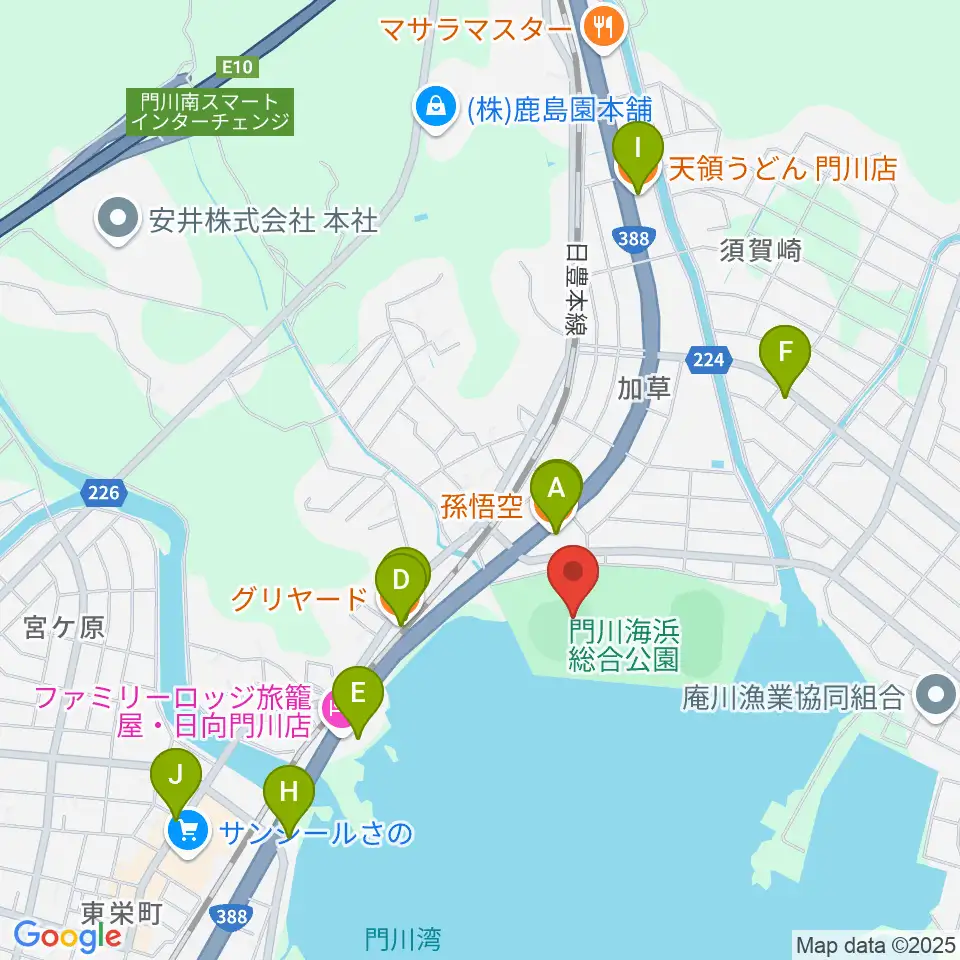 門川海浜総合公園野球場周辺のファミレス・ファーストフード一覧地図