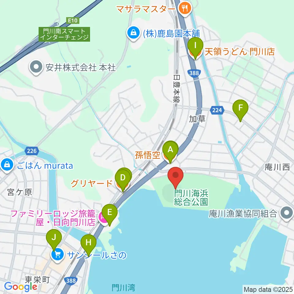 門川海浜総合公園野球場周辺のファミレス・ファーストフード一覧地図